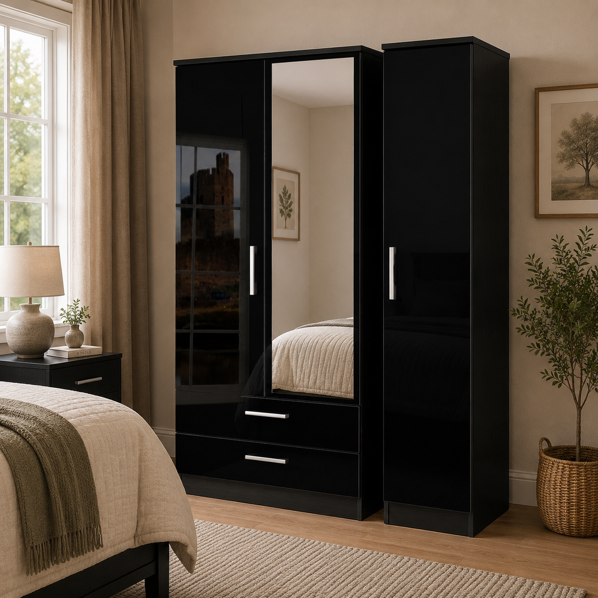 Knightsbridge Tall Triple 2 Drawer Mirror Robe